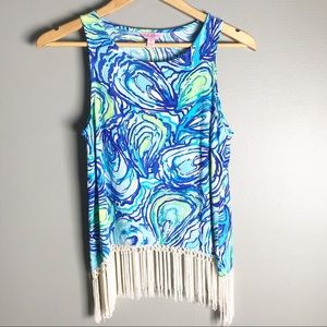 LILLY PULITZER Sonya Fringe Blue Art to Wear Tank Top Size 0